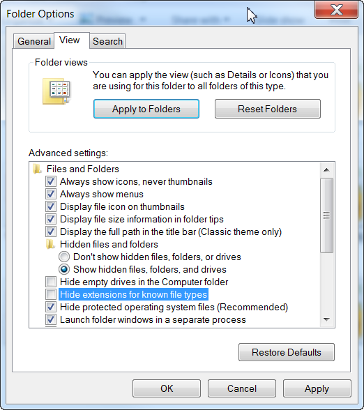 [screen-shot showing Windows 7 explorer's View options dialog]
