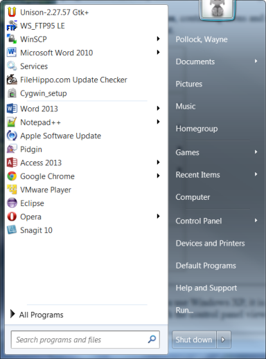 [Windows start menu screen-shot]
