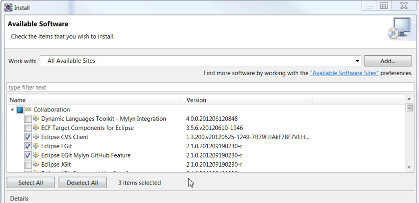Screen-shot of Eclipse screen 2 to install CVS and Git add-ons