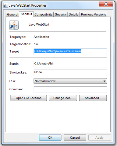image of Java WebStart shortcut's properties